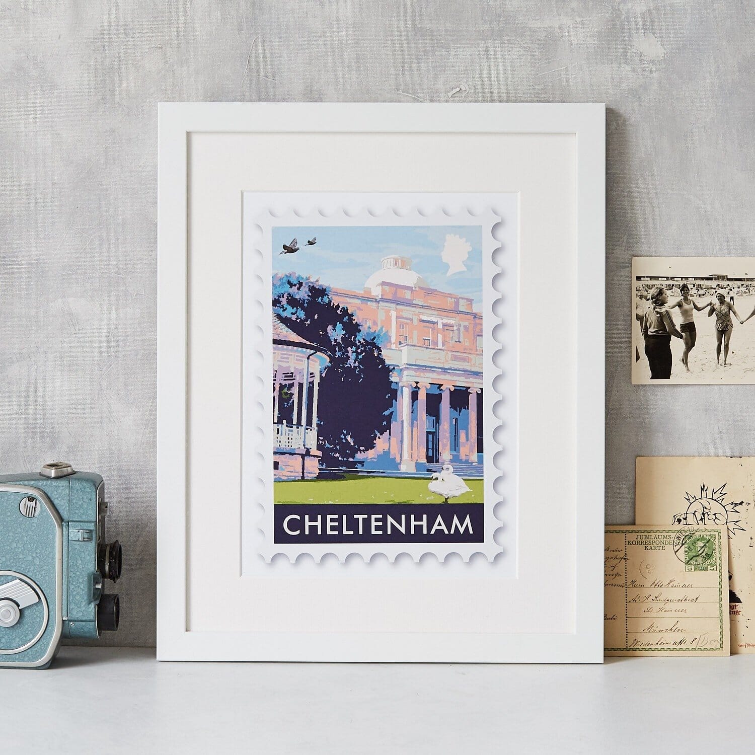 Print of the Pitville Pump Rooms in Cheltenham  in the style of a postage stamp