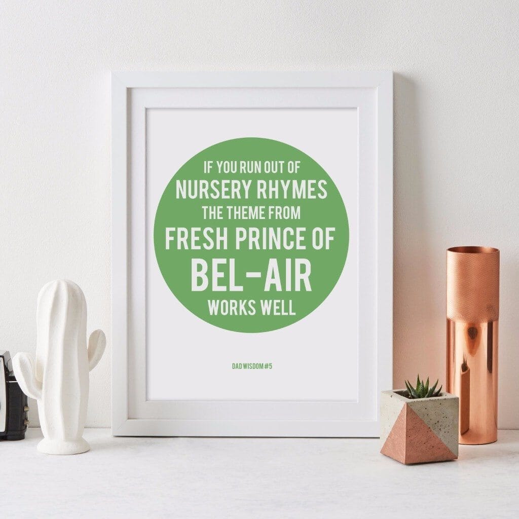 White framed print with personalised text on a coloured circle