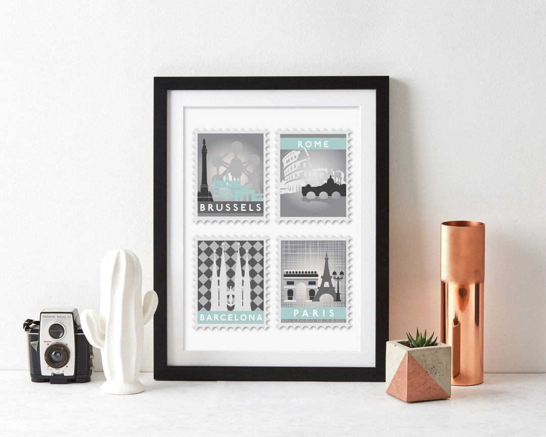 Favourite Destinations Postage Stamp Art  Print - Betsy Benn