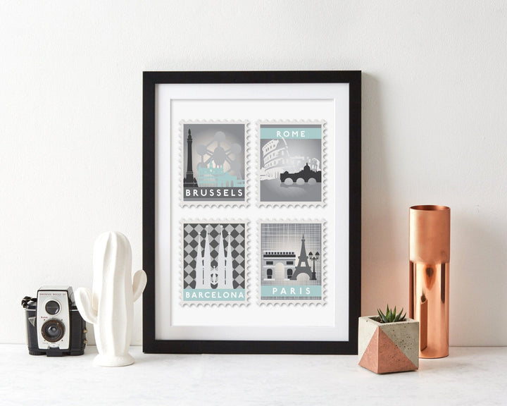 Favourite Destinations Postage Stamp Art  Print - Betsy Benn