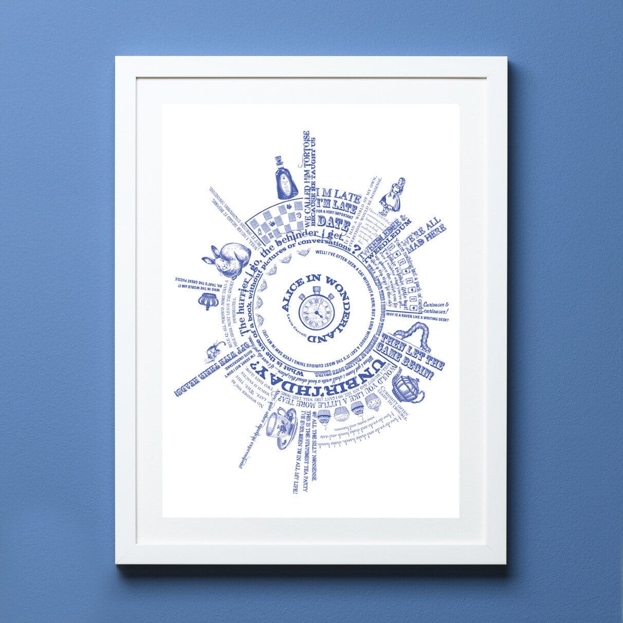 Framed print with blue typographic text printed in a circular design with quotes from the book Alice in Wonderland