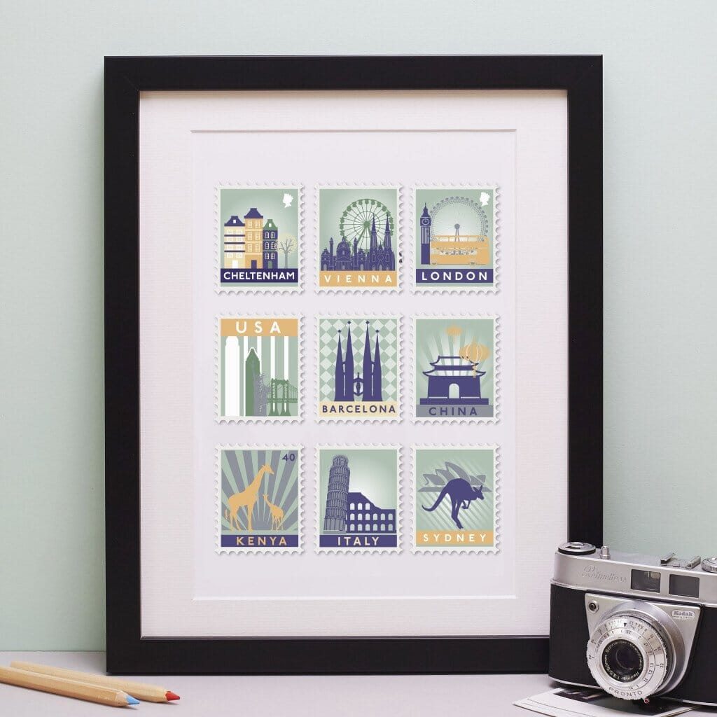 Nine Postage Stamp Destination Print  Print - Betsy Benn
