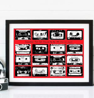 Framed print with 16 monochrome music cassettes on a red background and personalised text.