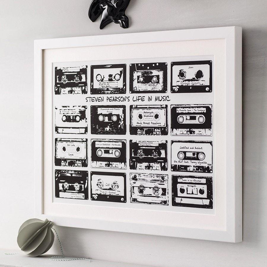 Personalised Framed print with 16 monochrome music cassettes on a white background and personalised text.
