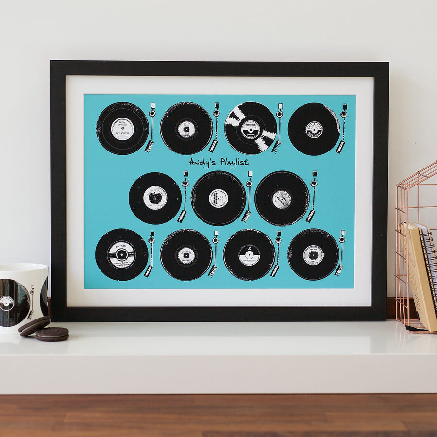 A framed print featuring a collection of vintage vinyl records playing on record players. The title "Andy's Playlist" is displayed at the bottom.