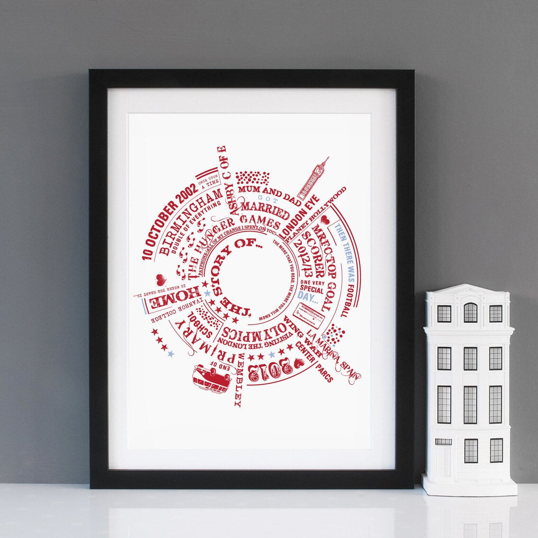 A framed print with a circular arrangement of personalized text and symbols in red ink on a white background, including "10 OCTOBER 2002," "MUM AND DAD MARRIED," "LONDON EYE," and "MRFC TOP GOAL SCORER 2012/13." The print is framed in black and sits on a surface next to a white miniature building.