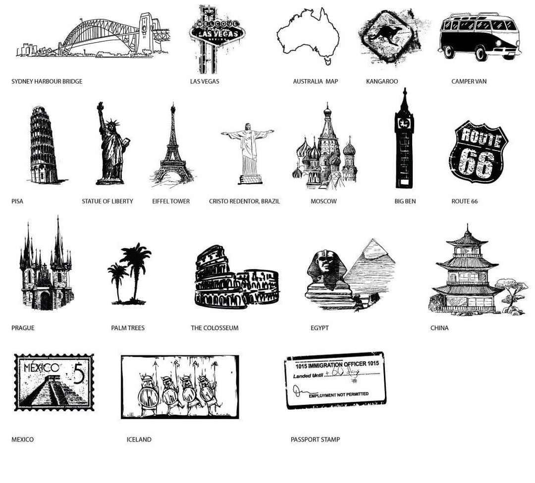 A collage of 20 black and white line art illustrations representing various travel destinations and symbols, including the Sydney Harbour Bridge, Las Vegas sign, Eiffel Tower, Colosseum, and a passport stamp. Each illustration is labeled with its corresponding location or symbol.