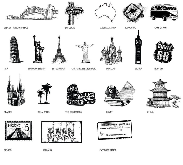 A collage of 20 black and white line art illustrations representing various travel destinations and symbols, including the Sydney Harbour Bridge, Las Vegas sign, Eiffel Tower, Colosseum, and a passport stamp. Each illustration is labeled with its corresponding location or symbol.