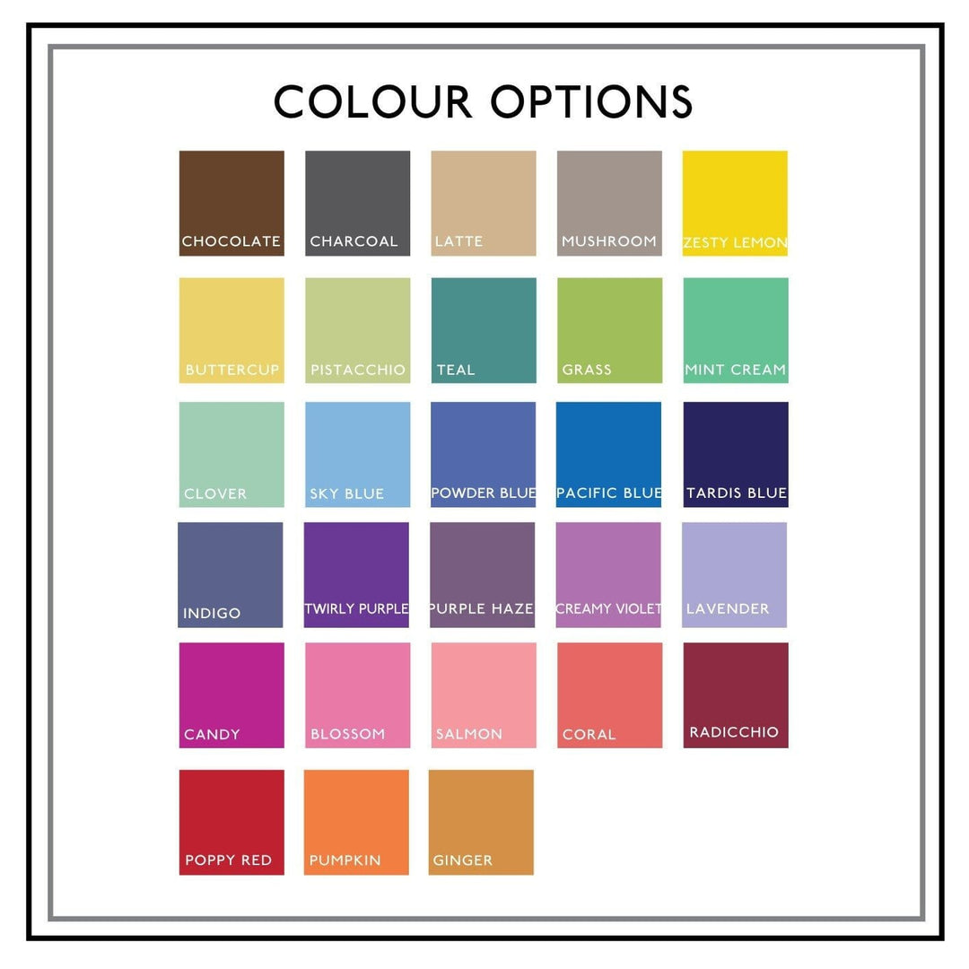 A color palette with 24 swatches arranged in six rows of four, each labeled with a color name like "CHOCOLATE," "TEAL," "INDIGO," and "CANDY." The title "COLOUR OPTIONS" is at the top.