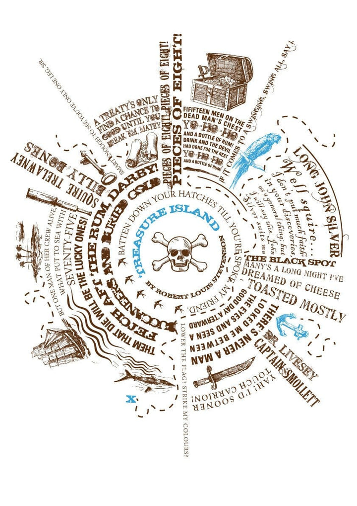 A circular design featuring pirate-themed quotes and illustrations, including a treasure chest, a skull and crossbones, and a parrot. The text includes phrases like "Pieces of eight!" and character names such as "Long John Silver."