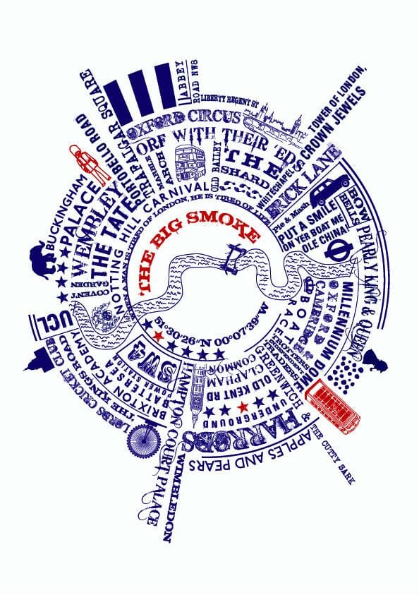 A circular map of London landmarks and phrases in blue and red against a white background, including "OXFORD CIRCUS," "THE SHARD," "PUT A SMILE ON YER BOAT ME OLE CHINA," and "HARRODS." The map features a stylized Thames River and a small red bus illustration.