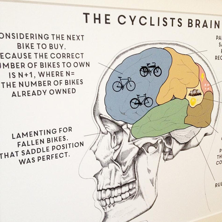 Close-up of "The Cyclist's Brain" print, showing a brain diagram with humorous cycling-related thoughts like "Considering the next bike to buy" and "Lamenting for fallen bikes." The diagram includes small bicycle illustrations and is labeled with different sections.