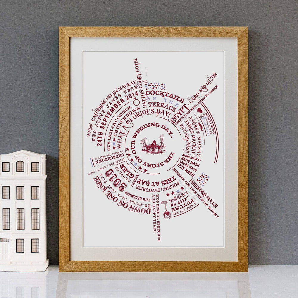 A framed wedding keepsake featuring a circular design with text and images is displayed on a shelf alongside a miniature house model, creating a warm and inviting atmosphere.
