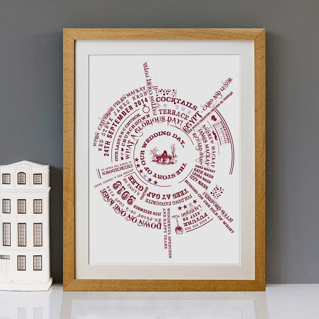 A framed wedding keepsake featuring a circular design with text and images is displayed on a shelf alongside a miniature house model, creating a warm and inviting atmosphere.
