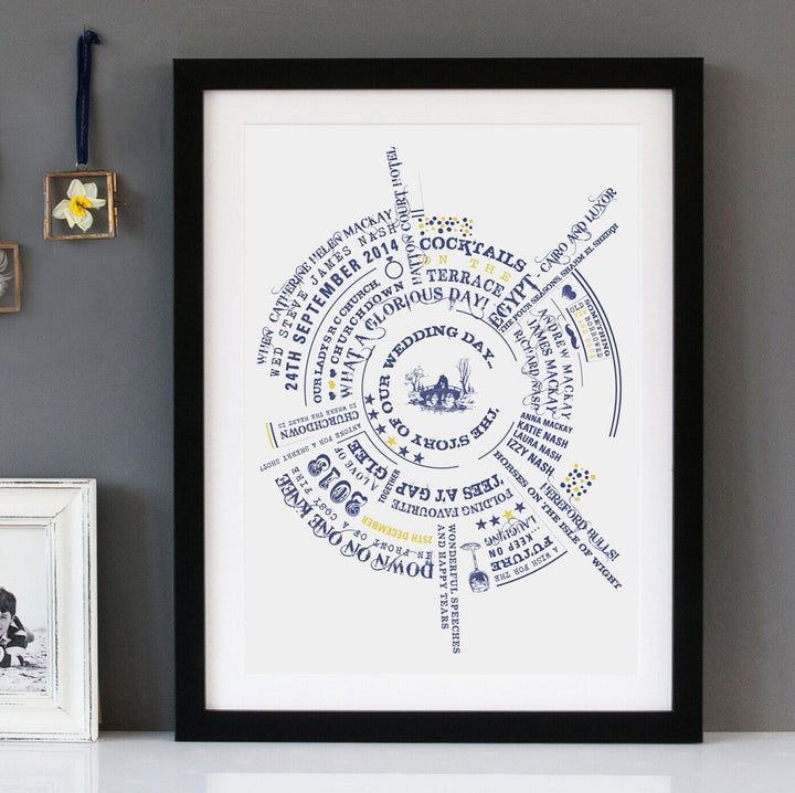A framed wedding keepsake with a visually striking circular design, incorporating text and images in a vibrant color scheme, making it a captivating piece of art.
