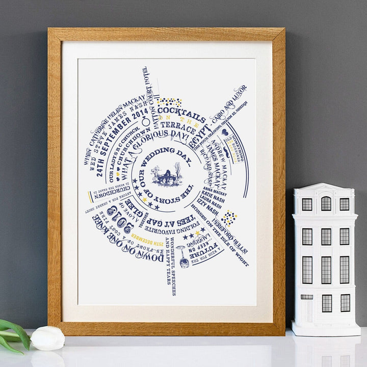 A framed wedding keepsake with a visually striking circular design, incorporating text and images in a vibrant color scheme, displayed on a shelf alongside a miniature house model and a vase of flowers, creating a warm and inviting atmosphere.