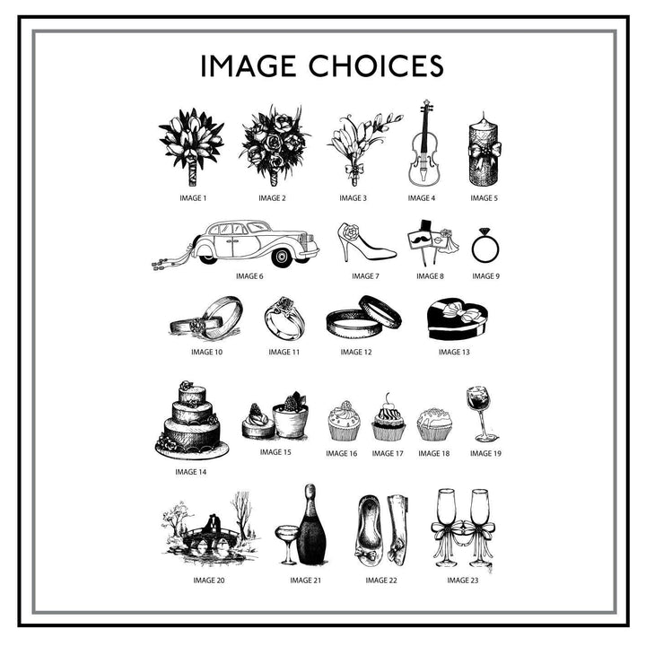 A chart displaying a variety of wedding-themed illustrations, including flowers, a car, shoes, rings, cake, wine glasses, and more.