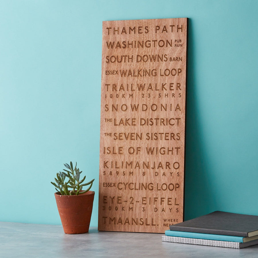 A wooden plaque featuring engraved names of travel destinations, including locations like Kilimanjaro and the Isle of Wight, along with details like distances and travel times.