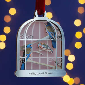 Personalised silver metallic style birdcage decoration with wooden birds inside