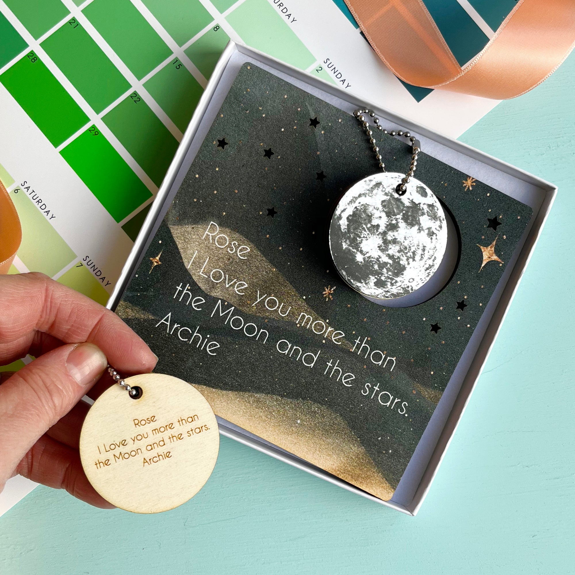 Personalised Valentine's Wooden Card With Moon Keyring