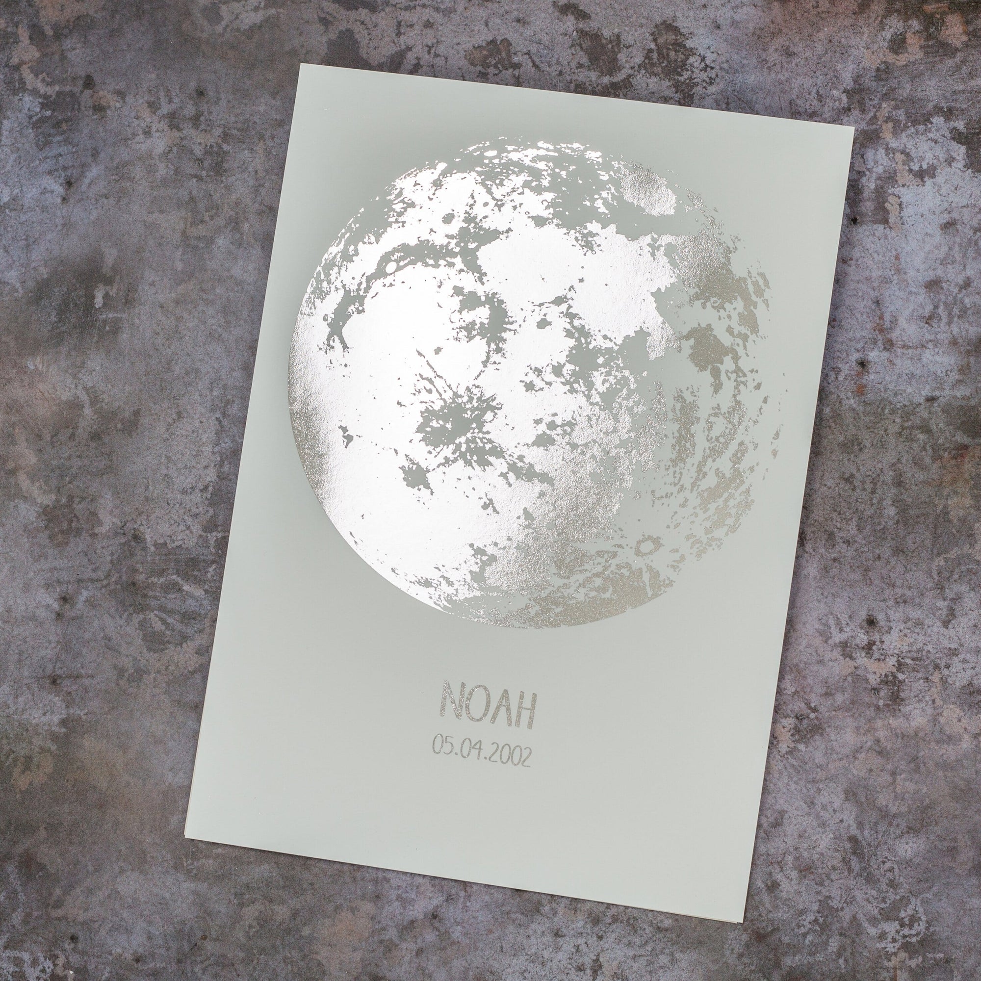 White print foiled with a silver moon and personalised text