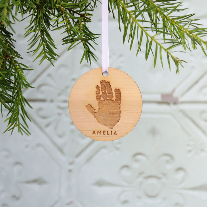 Wooden handprint ornament for Christmas tree, personalised baby keepsake.