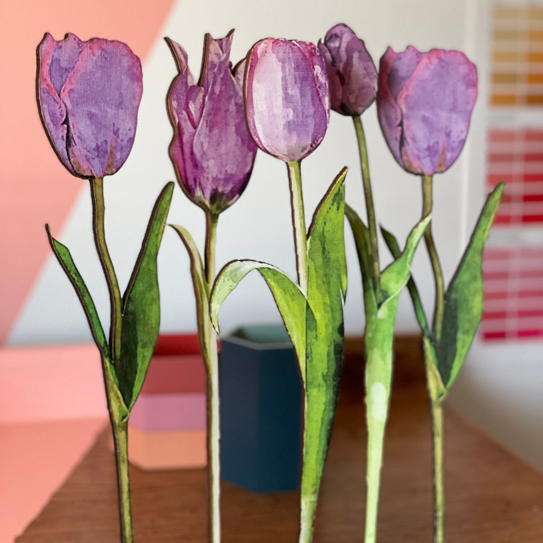 Close up of Wooden printed  tulips on a stand