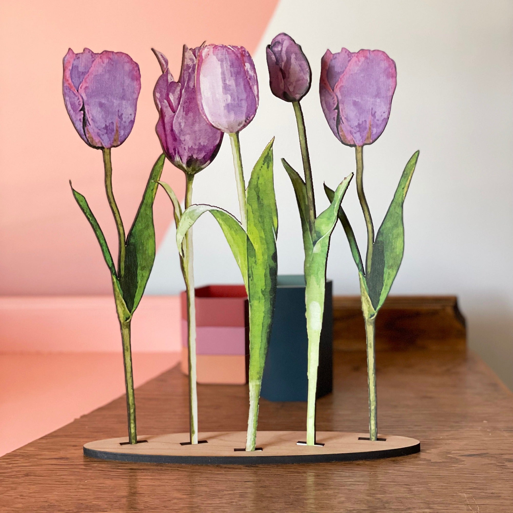 Wooden printed  tulips on a stand