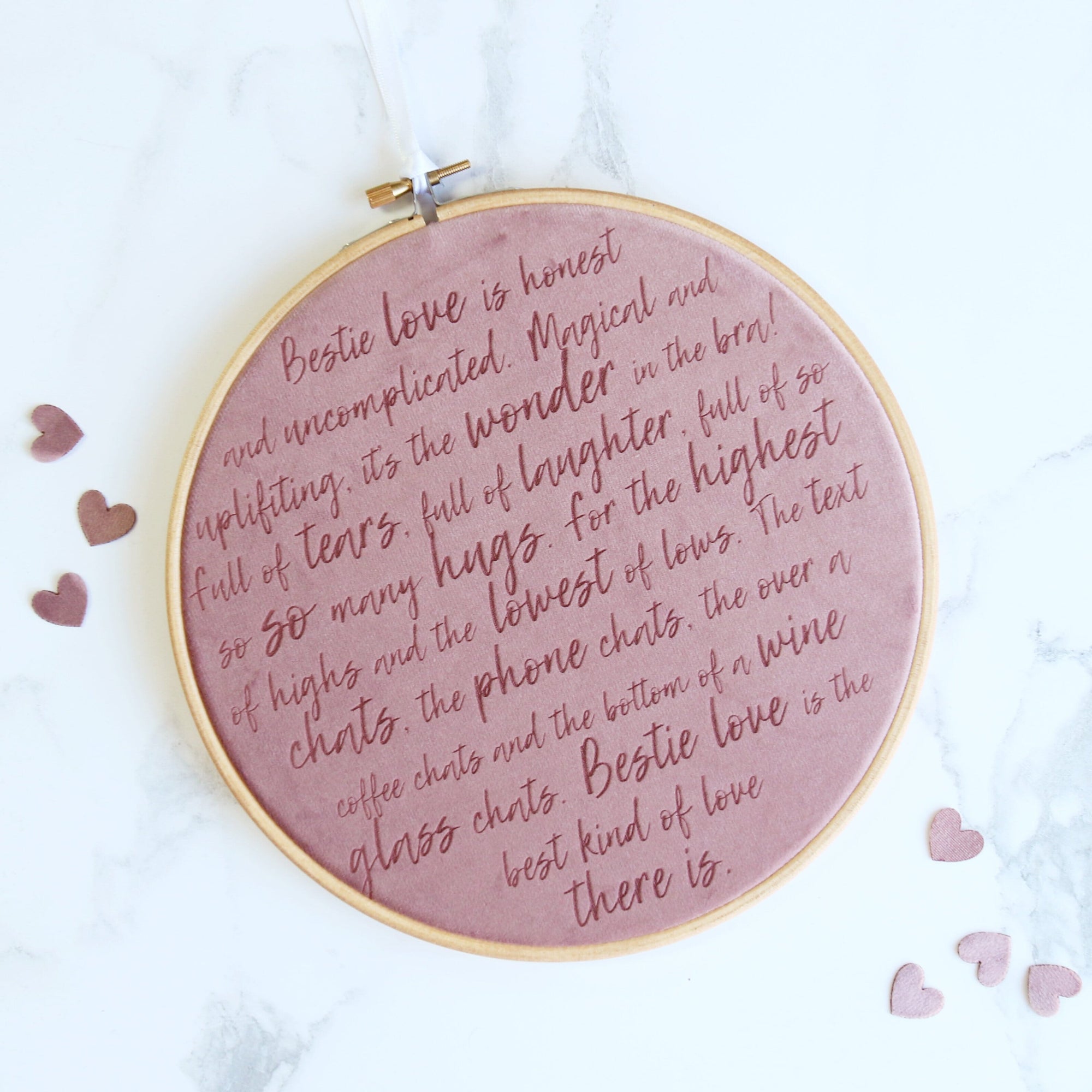  Embroidery hoop with brightly coloured velvet inside engraved with a poem about your BFF