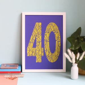 Number 40 geometric papercut in purple and mustard colourway