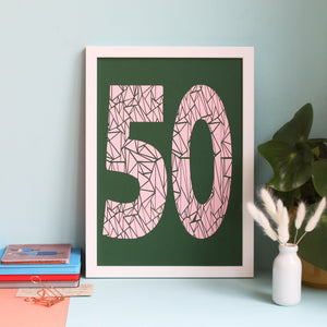 Number 50 geometric papercut in green and pink colourway