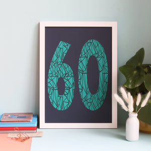 Framed geometric number 60 papercut in navy and teal colourways