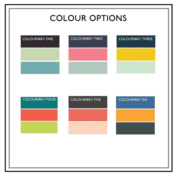 A color palette with six different color combinations. Each combination is labeled with a number and includes three colors.
