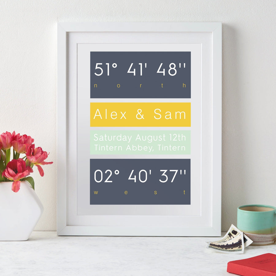 A wedding portrait in a white frame. The text includes the couple's names (Alex & Sam), the wedding date and location (Saturday, August 12th, Tintern Abbey, Tintern), and the GPS coordinates of the location (51° 41' 48'' N, 02° 40' 37'' W).