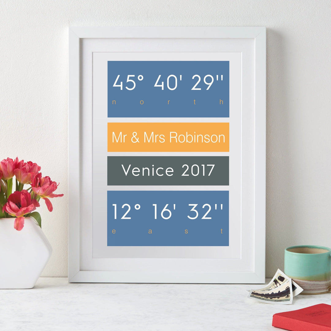 A wedding portrait in a white frame. The text includes the GPS coordinates of the location (45° 40' 29'' N, 12° 16' 32'' E), the location (Venice), the couple's names (Mr & Mrs Robinson), and the wedding year (2017).