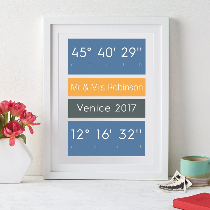 A wedding portrait in a white frame. The text includes the GPS coordinates of the location (45° 40' 29'' N, 12° 16' 32'' E), the location (Venice), the couple's names (Mr & Mrs Robinson), and the wedding year (2017).