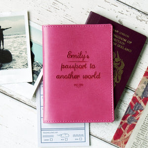Pink Passport Holder engraved with Emily's passport to another world