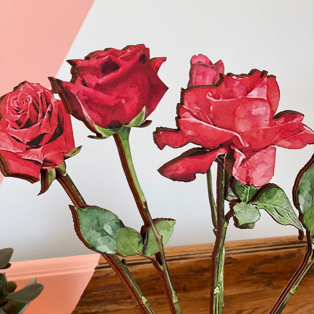 Close up of wooden red roses