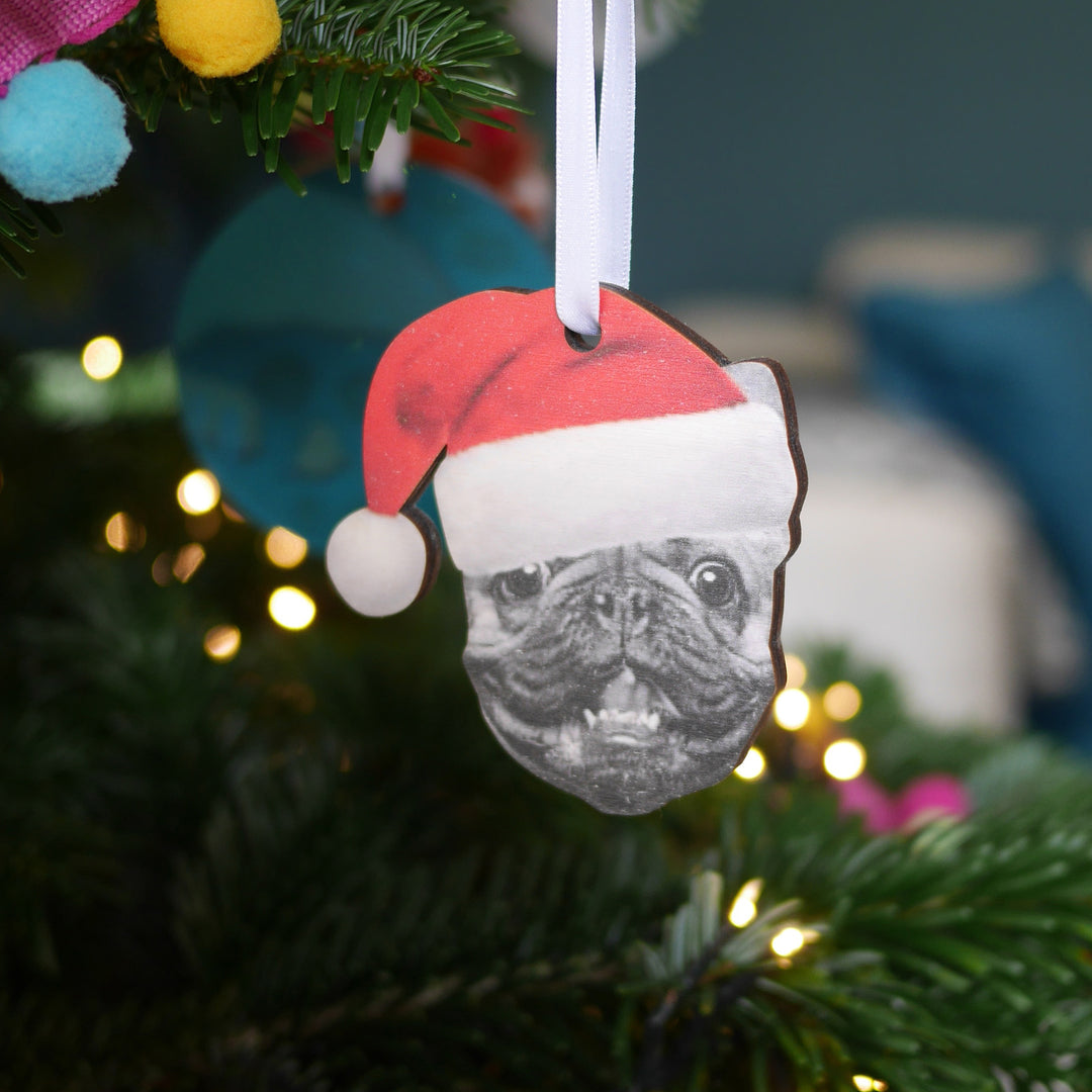Personalised dog Christmas tree decoration with Santa hat, custom wooden bauble for pet lovers