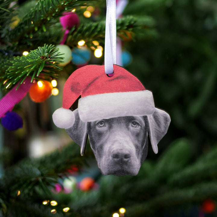Personalised dog Christmas tree decoration with Santa hat, custom wooden bauble for pet lovers