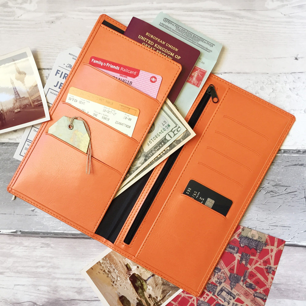 An open orange travel document holder showcasing its contents: a passport, railcard, tickets, cash, and cards, ready for a travel adventure.